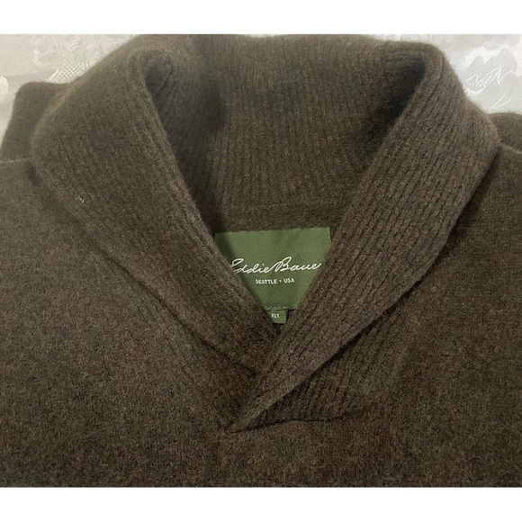 Eddie Bauer Lambs Wool Sweater Mens Size XLT Olive Green Shawl Neck Pullover - Picture 1 of 9
